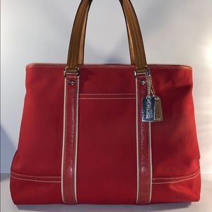 COACH XL Red Canvas Leather Travel Tote bag 70157
